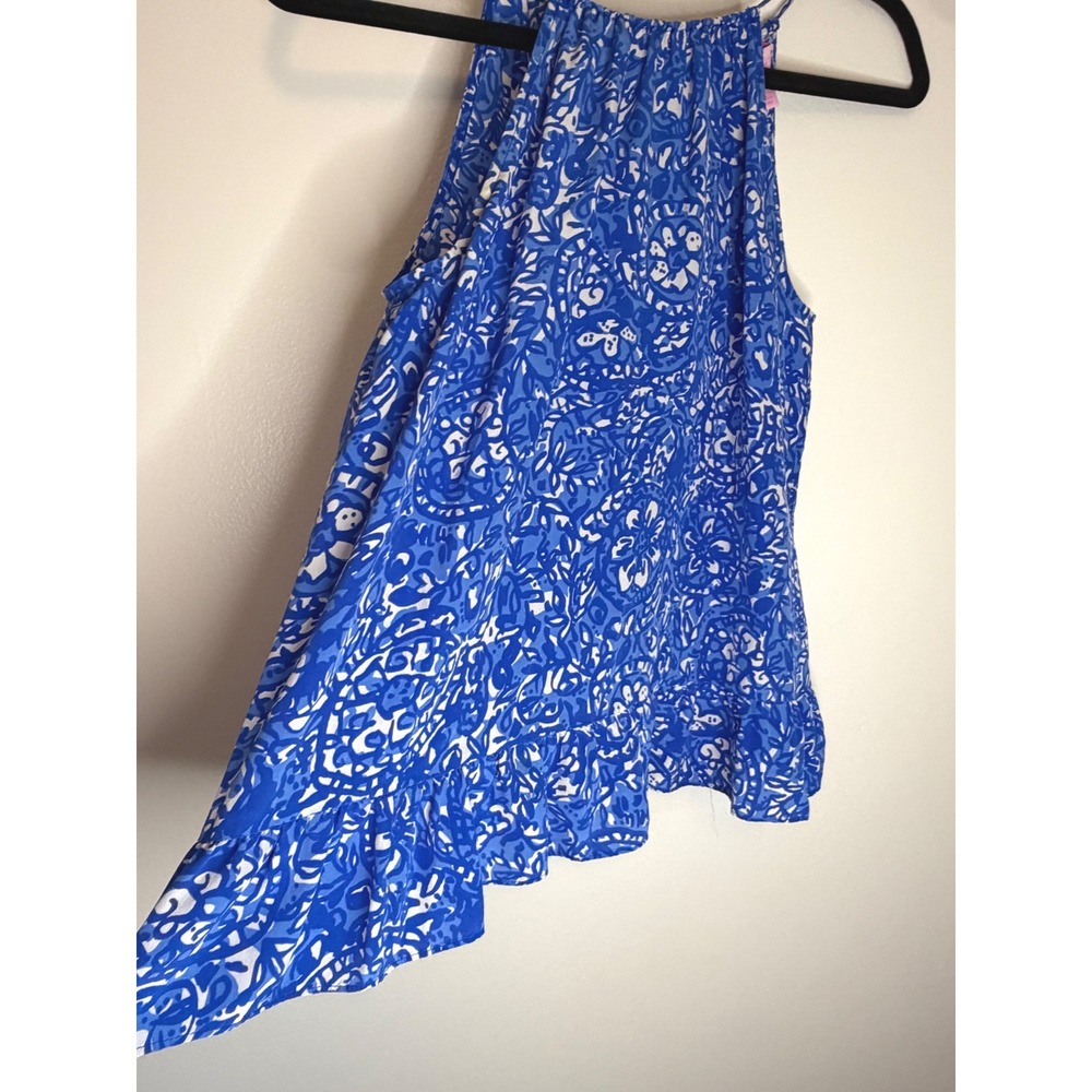 Lilly Pulitzer Blue White Floral Halter Top Silk Ruffle Peplum Blouse Gold Tie S